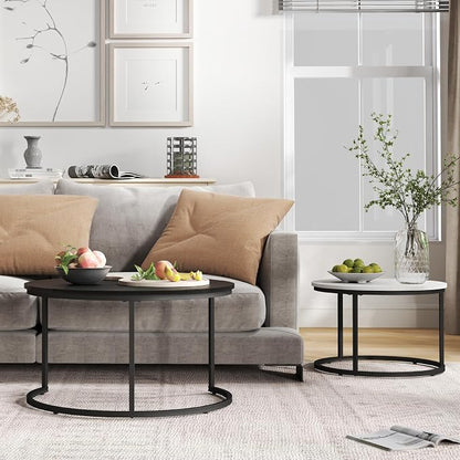 Otterease Nesting Tables Set of 2, 31.5" Round Coffee Table, Small Nesting Coffee Table with Adjustable Non-Slip Fee, Wood Grain Top Nesting Tables for Living Room, Bedroom (Wood Grain Black&White)