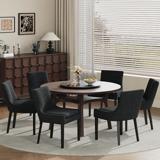 Modern Dining Room Chairs Set of 4 with Mid Back and Wood Legs, Upholstered Kitchen Chairs for Dining Room/Living Room, Black