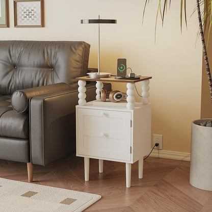 Veegle White Nightstand with Charge Station,Modern Bedside Table with Storage Drawer and Open Wood Shelf, for Bedroom and Small Spaces,Night Stand with Solid Wood Legs (White)
