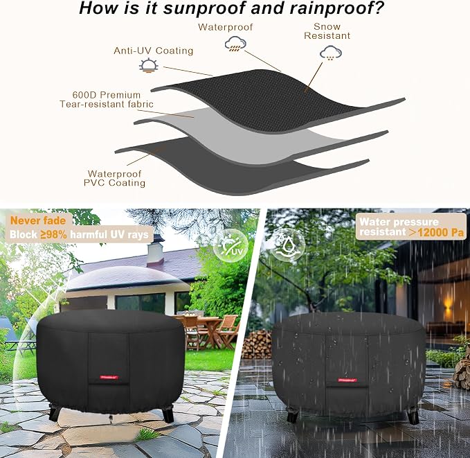 Porch Shield Fire Pit Cover - Waterproof 600D Heavy Duty Fade Resistant Round Patio Fire Bowl Cover Black - 44 inch