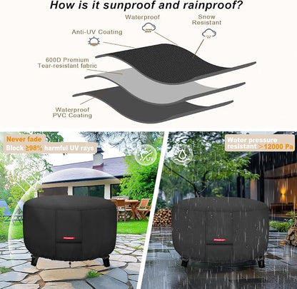 Porch Shield Fire Pit Cover - Waterproof 600D Heavy Duty Fade Resistant Round Patio Fire Bowl Cover Black - 44 inch
