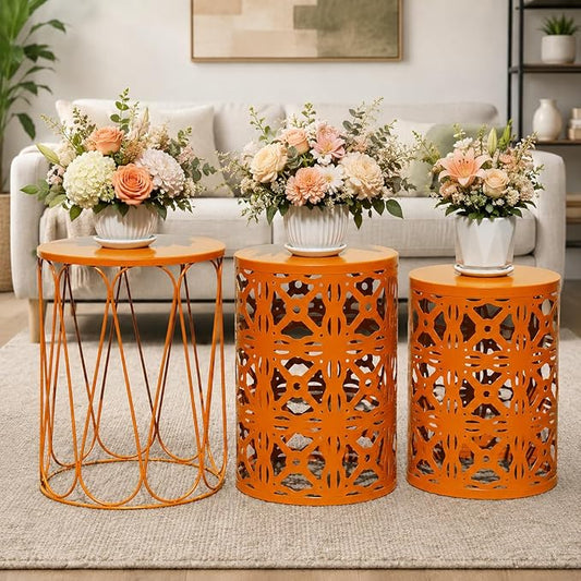 HFHOME Set of 3 Metal Outdoor Side Table, Nesting Round Coffee Table for Indoor Outdoor, Heavy Duty End Tables Plant Stand Living Room Garden Stool - Orange