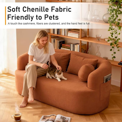 Loveseat Sofa for Small Space, 67.3" Boneless Love Seat Sofa with Side Pocket & 4 Pillows, Foam and Spring Filling, Soft Chenille for Living Room, Apartment, Bedroom, No Assembly