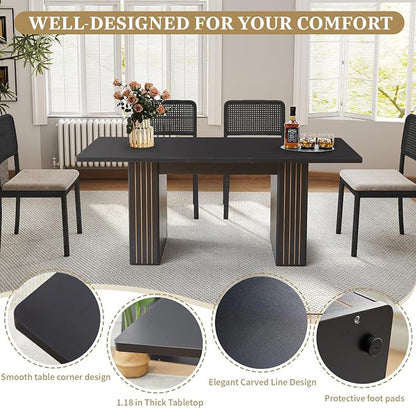 55 in–71 in Extendable Rectangular Dining Table for 4–6, Modern Farmhouse Expandable Kitchen Table with Carved Line Base, Wooden Dinner Table for Kitchen Living Room Home Office (Black)