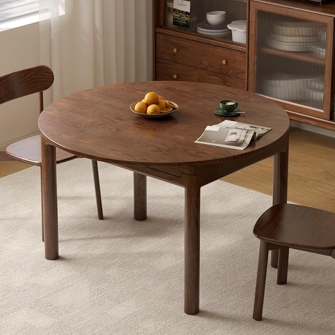YESWOOD 47.24'' Extendable Round Dining Table for 4-8, 100% Solid Oak Expandable Kitchen Table with Removable Leaves, Modern Wood Space Saving Dinner Table for Dining Room, Living Room, Study