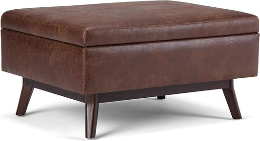 SIMPLIHOME Owen Coffee Table Storage Ottoman - 34" Wide x 19" High Upholstered Vegan Leather Rectangular Lift-Top Ottoman in Distressed Saddle Brown, Mid-Century Modern Bench with Tapered Legs
