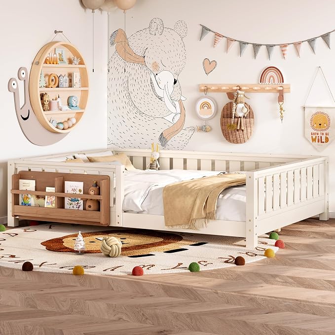 Bellemave Queen Floor Bed with Slats and Rails, Queen Size Montessori Floor Bed with Bookcase and Fence, Easy Assemble Montessori Beds for Girls, Boys, Beige Floor Beds