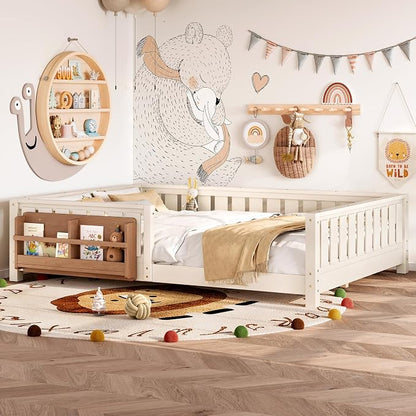 Bellemave Queen Floor Bed with Slats and Rails, Queen Size Montessori Floor Bed with Bookcase and Fence, Easy Assemble Montessori Beds for Girls, Boys, Beige Floor Beds