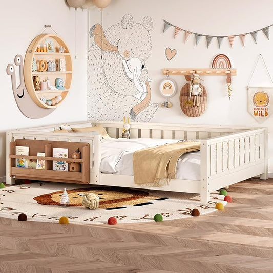 Bellemave Queen Floor Bed with Slats and Rails, Queen Size Montessori Floor Bed with Bookcase and Fence, Easy Assemble Montessori Beds for Girls, Boys, Beige Floor Beds