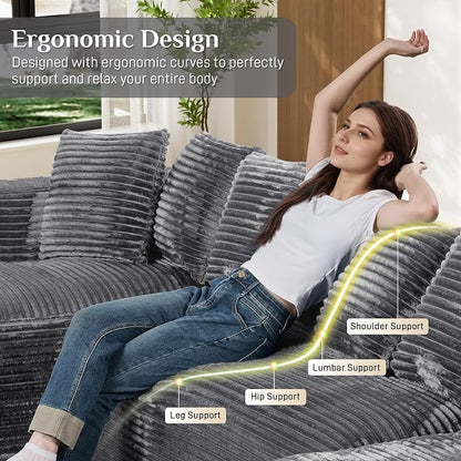 131" Oversized U Shaped Cloud Sectional Couches for Living Room, Comfy Fluffy Corduroy Dark Grey Boneless Sectionals Couch, Plush Memory Foam Modular Sectional Sofa with Chaise- 19" Seat Height