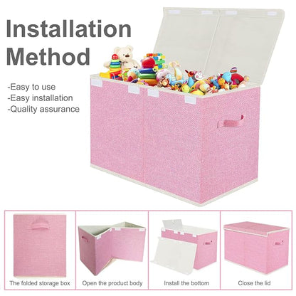 Large Collapsible Toy Storage Box with Lid & Handles - Kids Organizer Chest for Toys, Clothes, Blankets (Pink, Nursery, Playroom, Bedroom)-24.5''×13''×16''