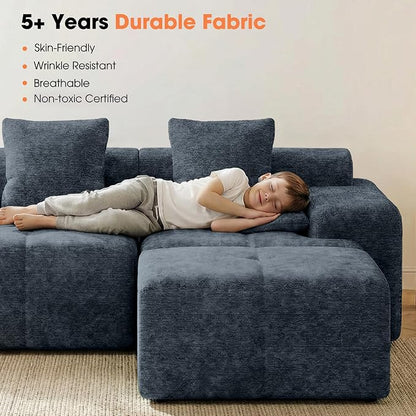 83.5" Boneless Loveseat with Ottoman, 30" Deep Seat Modular Sofa, Cloud Comfy Couches for Living Room, Apartment, Bedroom, No Assembly Required (Blue)