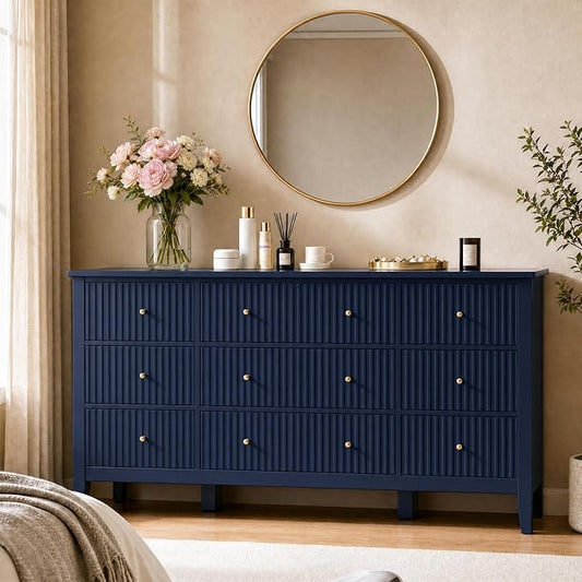 RoyalCraft Fluted Dresser for Bedroom with 9 Drawers, 59" Wide Painted Wooden Chest of Drawers, Modern TV Stand Storage Cabinet for Living Room, Hallway, Blue