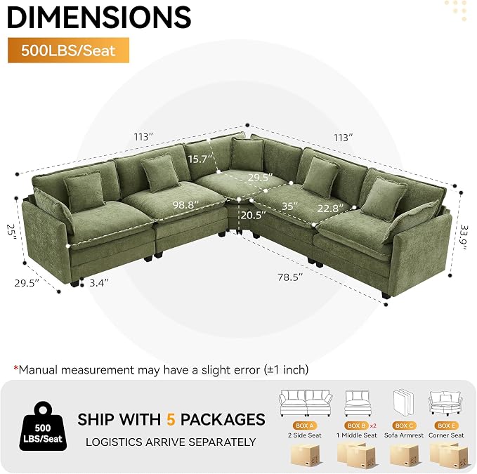 113'' V Shaped Cloud Sectional Sofa, Oversized Deep Seat Couches for Living Room, Chenille Comfy Upholstered Modular Sectional Sofa Couch, Green