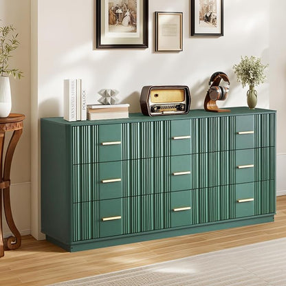 Fluted Dresser for Bedroom with 9 Drawers, 59" Wide Mid Century Modern Chest of Drawers, Wooden Dresser TV Stand, Wood Closet Clothes Storage Organizer for Living Room Hallway, Green