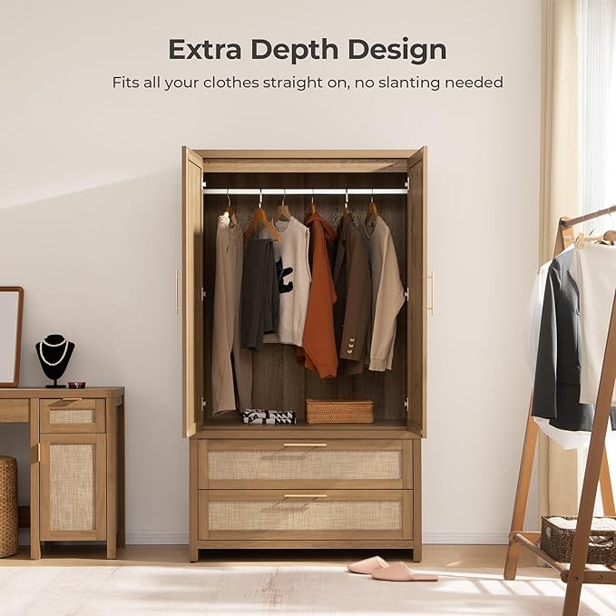 SICOTAS Larger Armoire Wardrobe Closet, 71" Tall Rattan Freestanding Wardrobe Cabinet with Storage and 2 Drawers, Boho Clothes Organizer with Hanging Rod for Bedroom, Oak (2 Pieces)
