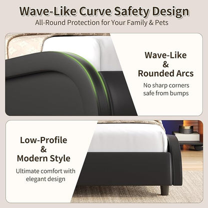 Keyluv Queen Size LED Bed Frame with Adjustable Headboard & Wave-Like Curve Safety Design, PU Leather Upholstered Platform Bed, Solid Wooden Slats Support, Easy Assembly, Black