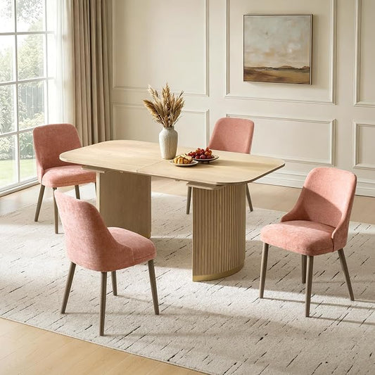 Upholstered Dining Chairs Set of 4, Fabric Dining Room Chairs with Curved Backrest, Solid Wood Legs, Modern Kitchen Chairs for Dining Room Living Room, Coral