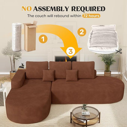 112" Modern Curved Cloud Couch, Corduroy Boneless Couches for Living Room with Deep Seat, Memory Foam Compressed Modular Sectional Sofa, No Assembly Required,Brown 1 PCS