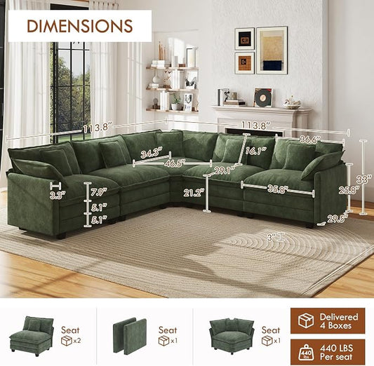 WorthFurni 114” Oversized Modular Sectional Sofa, 5-Seater V Shaped Cloud Couch Set, Comfy Chenille Deep Seat Sofa with 5 Throw Pillows, DIY Combination for Living Room (Green)