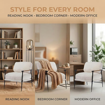 DUOMAY Mid-Century Modern Accent Chair Set of 2, Comfy Sherpa Sofa Lounge Chair Reading Corner Chair for Living Room Bedroom Office, Mid-Back Arm Chair with Black Metal Leg, White