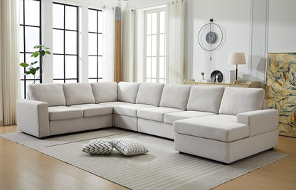 Ball & Cast 147" L-Shaped Sectional Couch for Living Room with Reversible Chaise & Removable Back Cushions,7 Seat Linen Upholstered Convertible Sectional Sofa Set,DIY Combination,for Home,Office,Beige