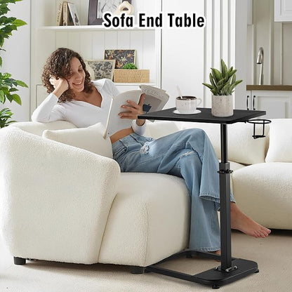 facka Multi-Functional C-Shaped End Table for Couch & Bed, Adjustable Height TV Tray, Stable Laptop Desk, Space-Saving Snack Side Table with Rounded Metal Corners