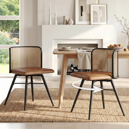 TYBOATLE Swivel Rattan Dining Chairs Set of 2 (Brown) | Farmhouse, Boho, Rattan Woven Back, Faux Leather Seat, Metal Legs, Upholstered, Kitchen, Dining Room
