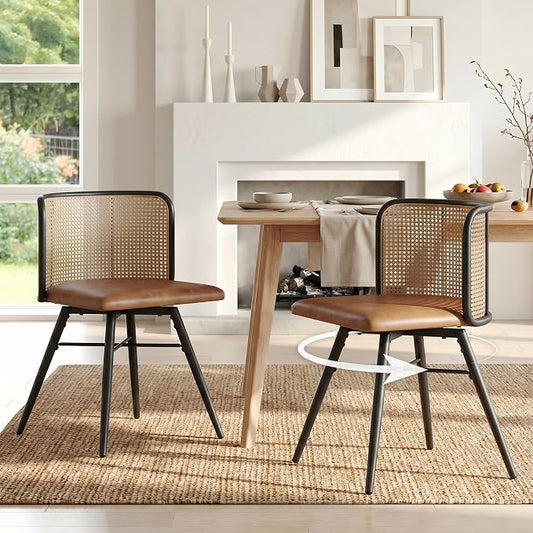 TYBOATLE Swivel Rattan Dining Chairs Set of 2 (Brown) | Farmhouse, Boho, Rattan Woven Back, Faux Leather Seat, Metal Legs, Upholstered, Kitchen, Dining Room