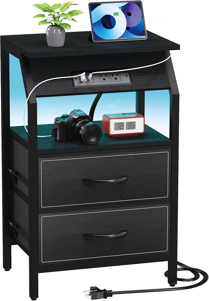SZLHANJZ End Table with Light, LED Nightstand with 2 Drawers and Type C Charging Station, Small Fabric Night Stand for Bedside, Storage Side Table for Living Room, Dorm, Black