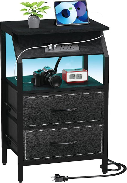 SZLHANJZ End Table with Light, LED Nightstand with 2 Drawers and Type C Charging Station, Small Fabric Night Stand for Bedside, Storage Side Table for Living Room, Dorm, Black