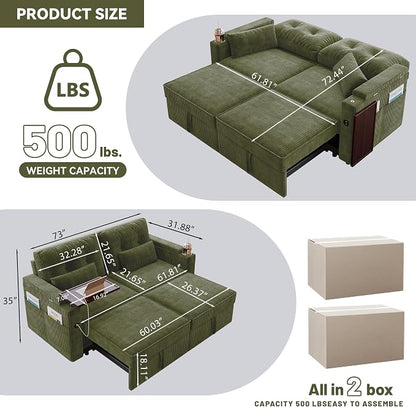 73" Queen Size Sofa Bed, Loveseat Sleeper Sofa with Pull Out Bed, 360° Swivel Table and USB, Modern 2 Seater Convertible Corduroy Couch for Living Room Bedroom Apartment, Green