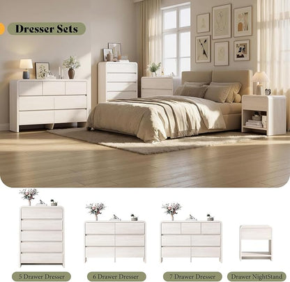 AMERLIFE Modern 3-Piece Bedroom Furniture Set with 7-Drawer Dresser and 2 Nightstands, Large Storage Capacity, Rounded Corners, Flexible Combination Design, Anti-Tip Kit Included, White