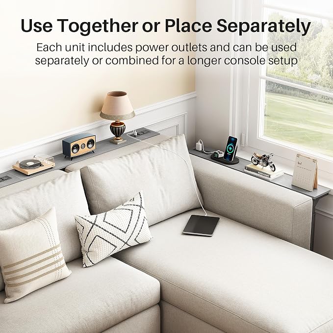 Kitstorack Narrow Sofa Table with Charging Station, 78.8" Behind Couch Table, Adjustable 24.4"-32.7" Height, Modular 2-piece Design for sectionals, entryways, Apartments, and Narrow Living Spaces