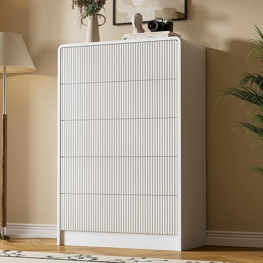 Furniway White 5 Drawer Dresser for Bedroom, Curved Tall Dresser with Push-to-Open Design, Chest of Drawers for Bedroom, Living Room, Hallway, 15.7”D x 32”W x 47.2”H
