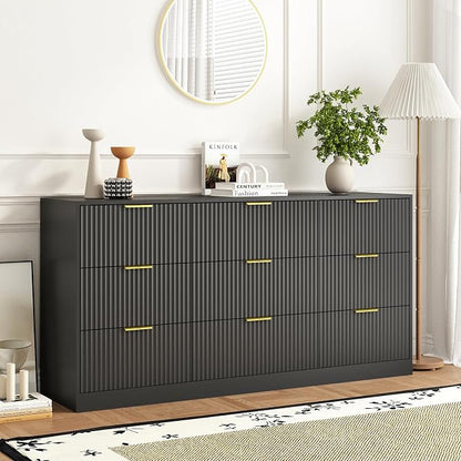 9 Drawer Dresser and Nightstand Sets for Bedroom, 3 Pcs Bedroom Set，Night Stand Set of 2 & 9 Drawer Dresser with Gold Handles, Modern Wood Chest of Drawers Storage Cabinet Set, Black