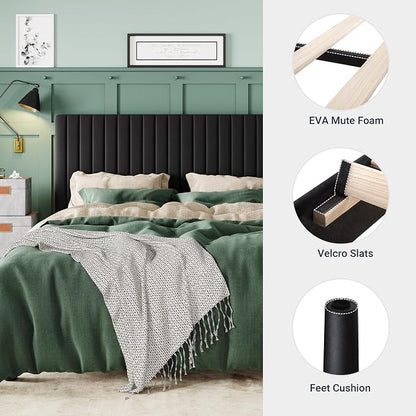 Allewie King Platform Bed Frame, Velvet Upholstered with Adjustable Vertical Channel Tufted Headboard, Mattress Foundation with Strong Wooden Slats, Box Spring Optional, Easy Assembly, Black