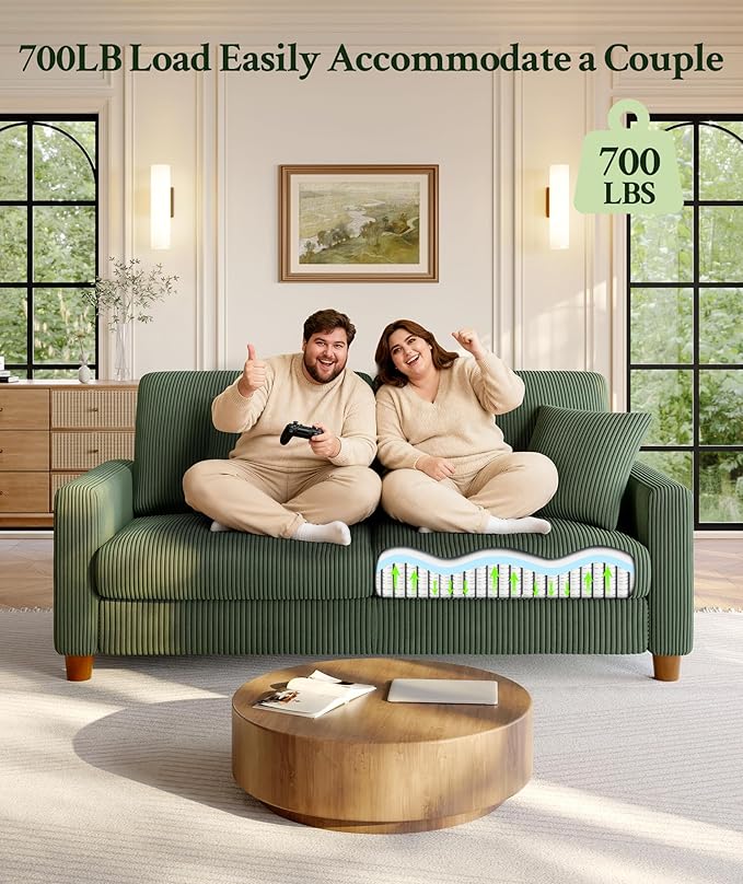 Welzona 70.2" Couches for Living Room, Comfy L Shaped Couch Green 7.1" Thicker Cushion, Sofas for Living Room Tool-Free Setup, Loveseat with Ottoman 705lbs Support, Corduroy Couch for Bedroom, Office