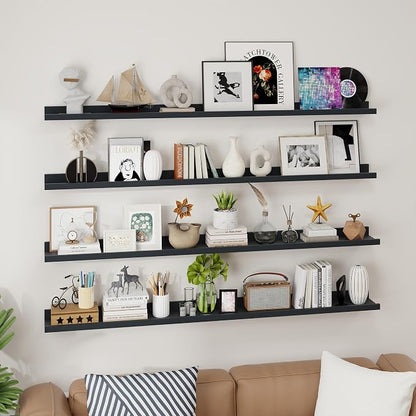 Axeman Picture Ledge Shelf | 55 Inch Black Floating Shelves Set of 4 | Rustic Wood Wall Shelves with Lip | 55" Black Picture Shelves for Wall with Ledge | Photo Shelves