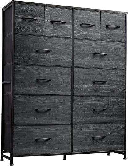 WLIVE Tall Dresser for Bedroom with 12 Drawers, Dressers & Chests of Drawers, Fabric Dresser for Closet, Living Room, Storage Dressers with Storage Drawers, Wood Top, Charcoal Black Wood Grain Print