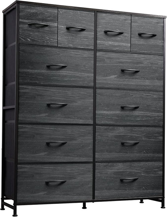 WLIVE Tall Dresser for Bedroom with 12 Drawers, Dressers & Chests of Drawers, Fabric Dresser for Closet, Living Room, Storage Dressers with Storage Drawers, Wood Top, Charcoal Black Wood Grain Print