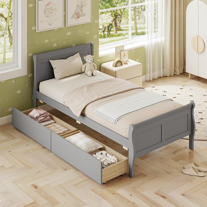 Giantex Twin Bed with 2 Storage Drawers, Wood Platform Bed with Headboard & Footboard, Wooden Slats Support Mattress Foundation, Twin Bed Frames for Kids Teens Adults, No Box Spring Needed (Grey)