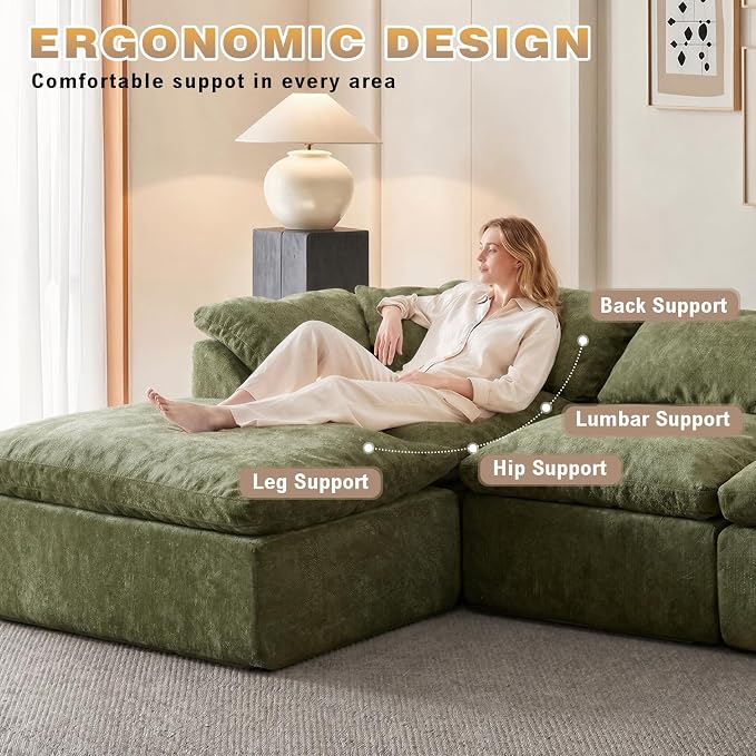 110" Boneless Cloud Couch Sectional for Living Room, Oversized Modular L Shaped Sofa with Ottoman, Deep Seat Chenille Sectional Couch for Cloud-Like Comfort (OliveGreen)
