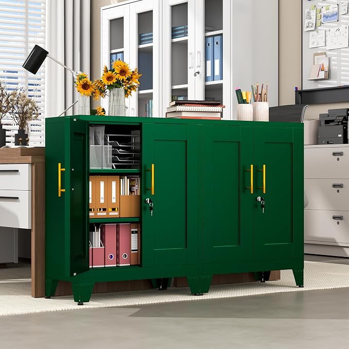 Green Metal Storage Cabinet, 36" Tall Locking Storage Cabinet, 14”D | with 2 Adjustable Shelves, Steel Locker Organizer, Metal Freestanding Buffet Cupboards Sideboard for Office, Home, School,2PS