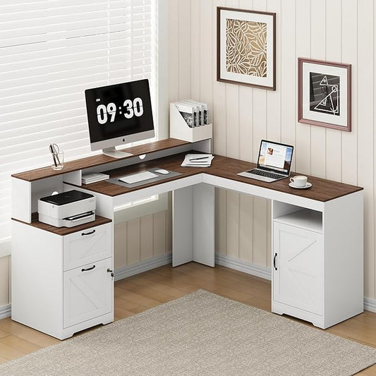 MALOL 63" Farmhouse L Shaped Executive Desk, Corner Computer Desk with Drawers & Storage Shelf, Home Office Desk with Power Outlet, Monitor Stand, Wood Grain Desktop, White & Rustic Brown