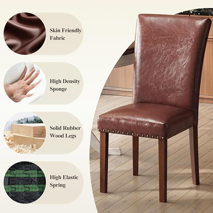 COLAMY Upholstered Parsons Dining Chairs Set of 4, PU Leather Dining Room Kitchen Side Chair with Nailhead Trim and Wood Legs - Light Brown