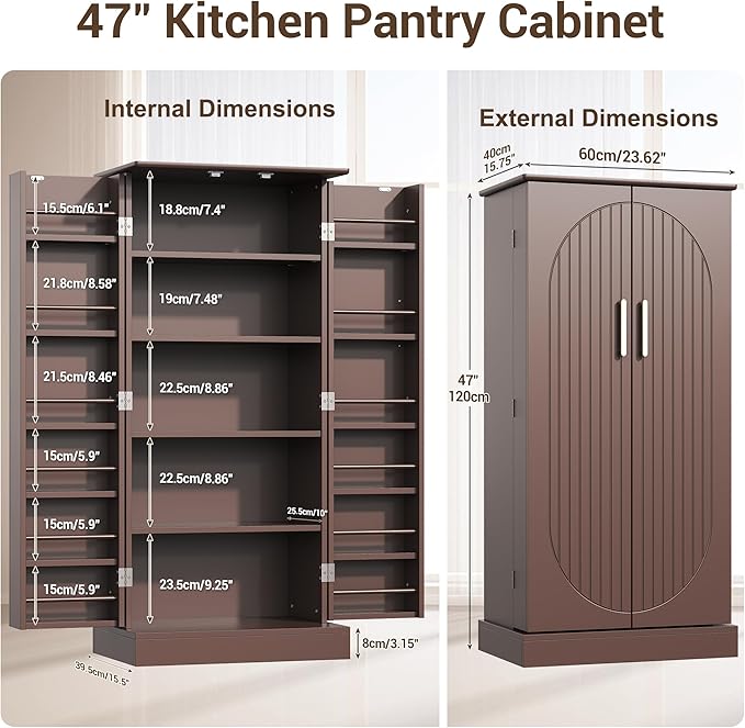 kepptory 47" Kitchen Pantry Cabinet with Doors and Adjustable Shelves, Freestanding Pantry Storage Cabinet, Farmhouse Buffet Cupboard for Kitchen, Dining Room, Living Room, Grey (Brown)