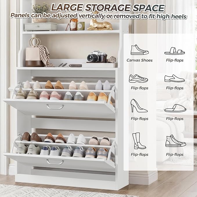 IRONCK Tall Shoe Cabinet with 2 Flip Drawers, Narrow Hidden Shoe Storage Cabinet with Shelves, Slim Freestanding Shoe Organizer for Entryway, Hallway, White