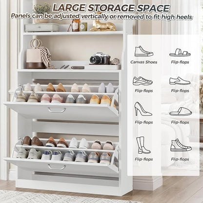 IRONCK Tall Shoe Cabinet with 2 Flip Drawers, Narrow Hidden Shoe Storage Cabinet with Shelves, Slim Freestanding Shoe Organizer for Entryway, Hallway, White