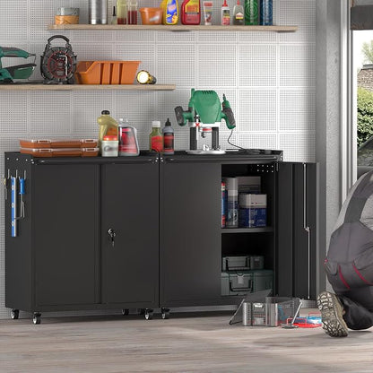 GREATMEET Garage Storage Cabinet with Wheels, Lockable Metal Storage Cabinet, Rolling Tool Cabinet with Adjustable Shelf, Push Handle for Shop, Home, Office, Black